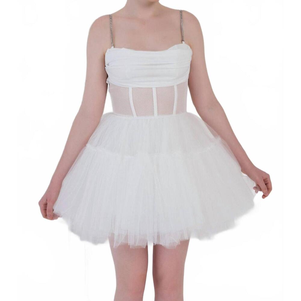 NEW KIKIRIKI cora boned fishnet bustier tulle mini dress in white